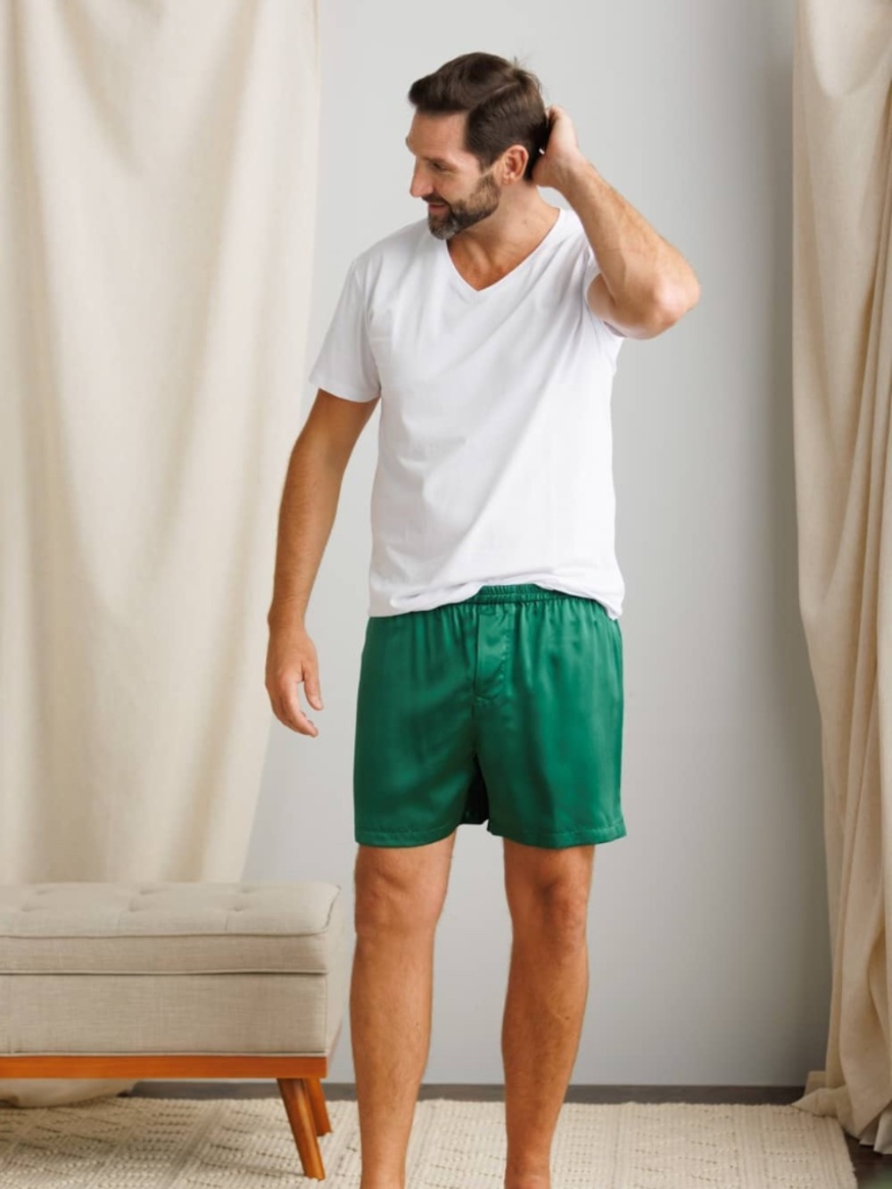 Fishers Finery Men’s 100% Mulberry Silk Boxer Lounge Shorts Emerald Green L